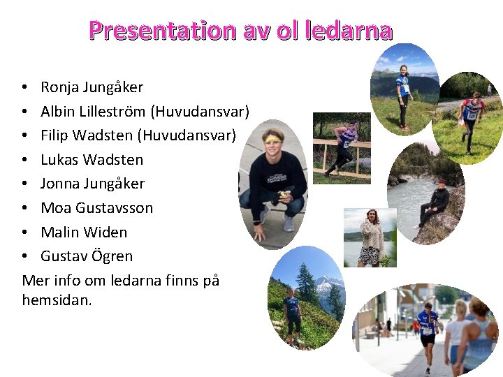 Presentation av ol ledarna • Ronja Jungåker • Albin Lilleström (Huvudansvar) • Filip Wadsten