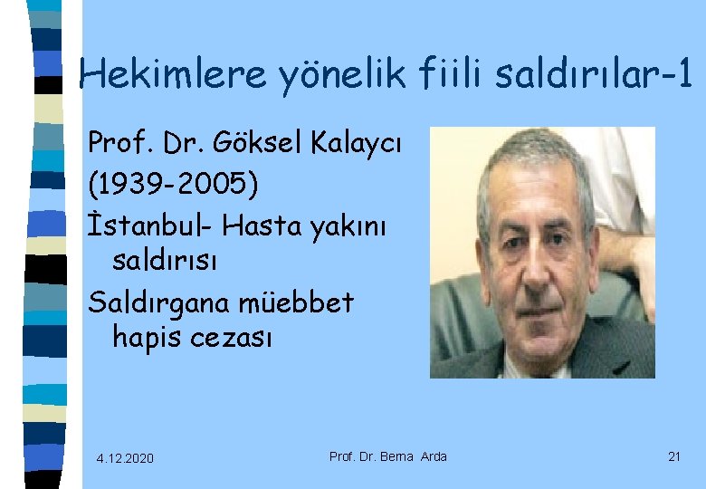 Hekimlere yönelik fiili saldırılar-1 Prof. Dr. Göksel Kalaycı (1939 -2005) İstanbul- Hasta yakını saldırısı