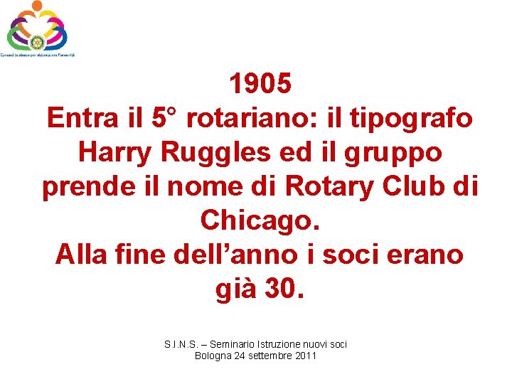 1905 Entra il 5° rotariano: il tipografo Harry Ruggles ed il gruppo prende il