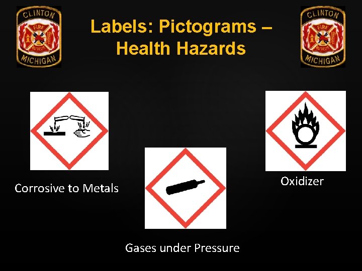 Labels: Pictograms – Health Hazards Oxidizer Corrosive to Metals Gases under Pressure 