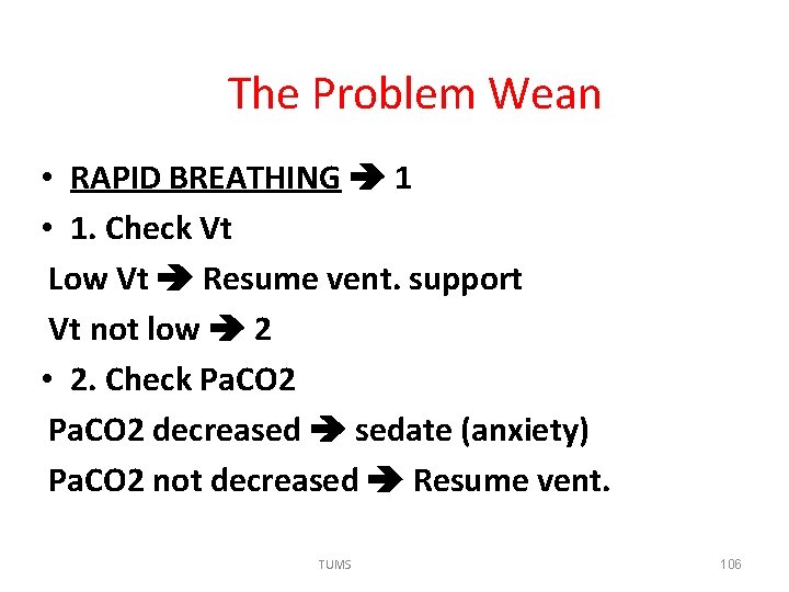 The Problem Wean • RAPID BREATHING 1 • 1. Check Vt Low Vt Resume