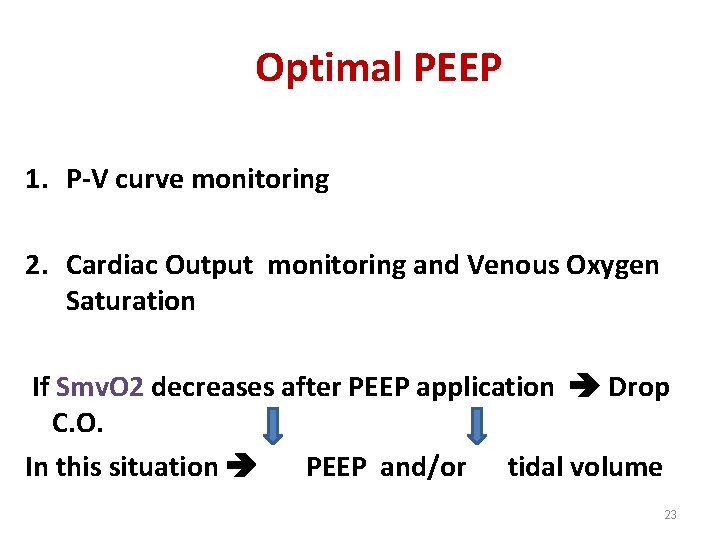 Optimal PEEP 1. P-V curve monitoring 2. Cardiac Output monitoring and Venous Oxygen Saturation