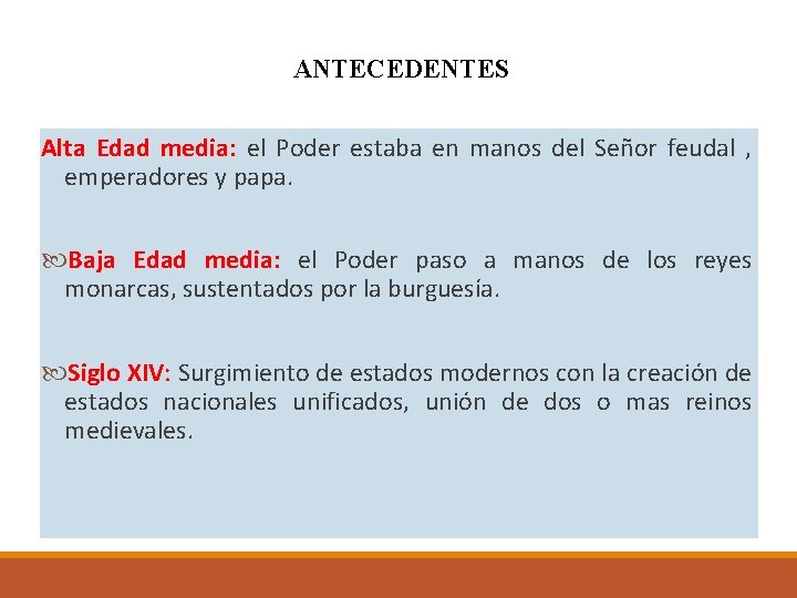 ANTECEDENTES Alta Edad media: el Poder estaba en manos del Señor feudal , emperadores ANTECEDENTES Alta Edad media: el Poder estaba en manos del Señor feudal , emperadores