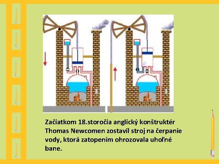 Začiatkom 18. storočia anglický konštruktér Thomas Newcomen zostavil stroj na čerpanie vody, ktorá zatopením Začiatkom 18. storočia anglický konštruktér Thomas Newcomen zostavil stroj na čerpanie vody, ktorá zatopením