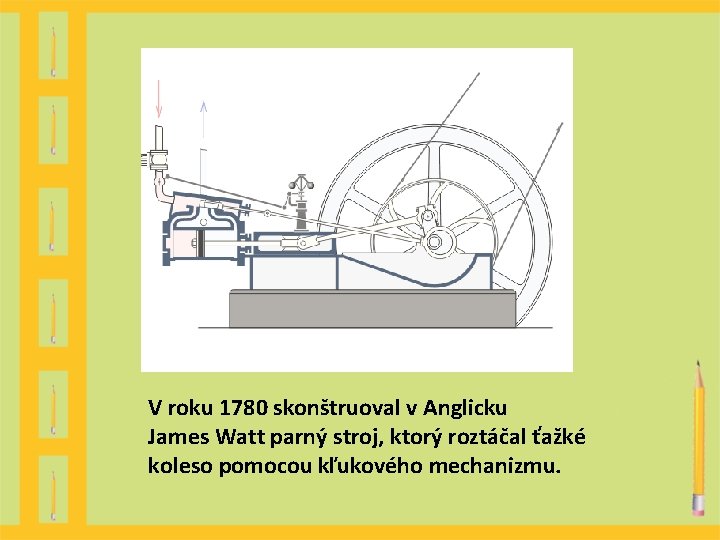 V roku 1780 skonštruoval v Anglicku James Watt parný stroj, ktorý roztáčal ťažké koleso V roku 1780 skonštruoval v Anglicku James Watt parný stroj, ktorý roztáčal ťažké koleso