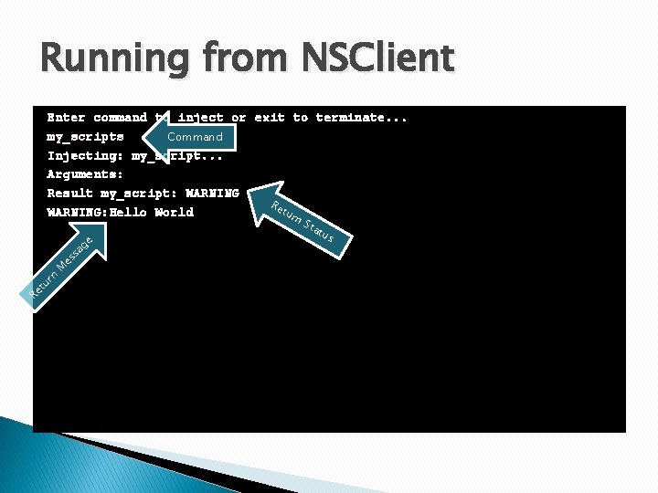 Running from NSClient Re tu rn M es sa ge Enter command to inject
