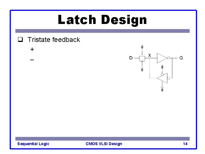 Latch Design q Tristate feedback + – Sequential Logic CMOS VLSI Design 14 