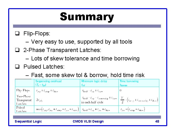 Summary q Flip-Flops: – Very easy to use, supported by all tools q 2