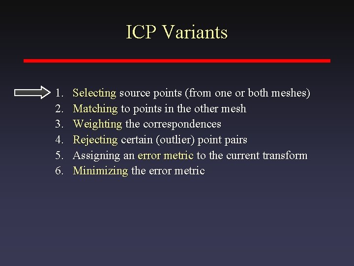 ICP Variants 1. 2. 3. 4. 5. 6. Selecting source points (from one or