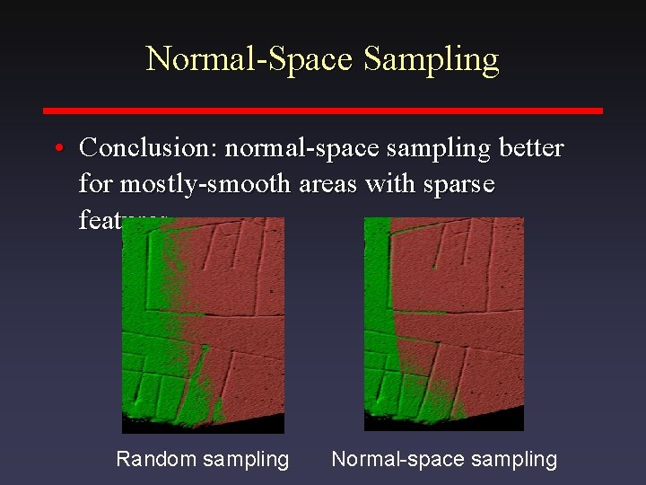 Normal-Space Sampling • Conclusion: normal-space sampling better for mostly-smooth areas with sparse features Random