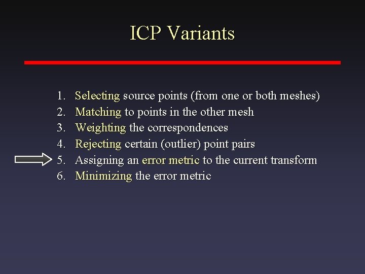 ICP Variants 1. 2. 3. 4. 5. 6. Selecting source points (from one or