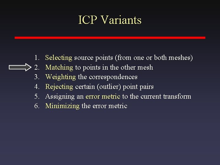 ICP Variants 1. 2. 3. 4. 5. 6. Selecting source points (from one or