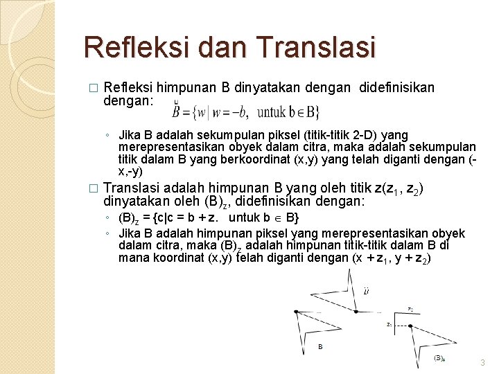 Refleksi dan Translasi � Refleksi himpunan B dinyatakan dengan didefinisikan dengan: ◦ Jika B