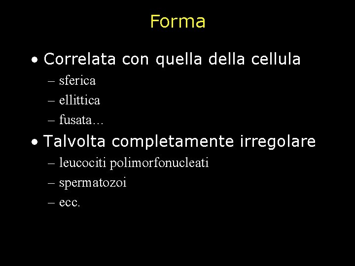 Forma • Correlata con quella della cellula – sferica – ellittica – fusata… •