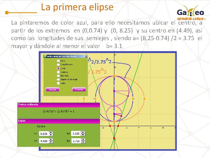 La primera elipse La pintaremos de color azul, para ello necesitamos ubicar el centro,