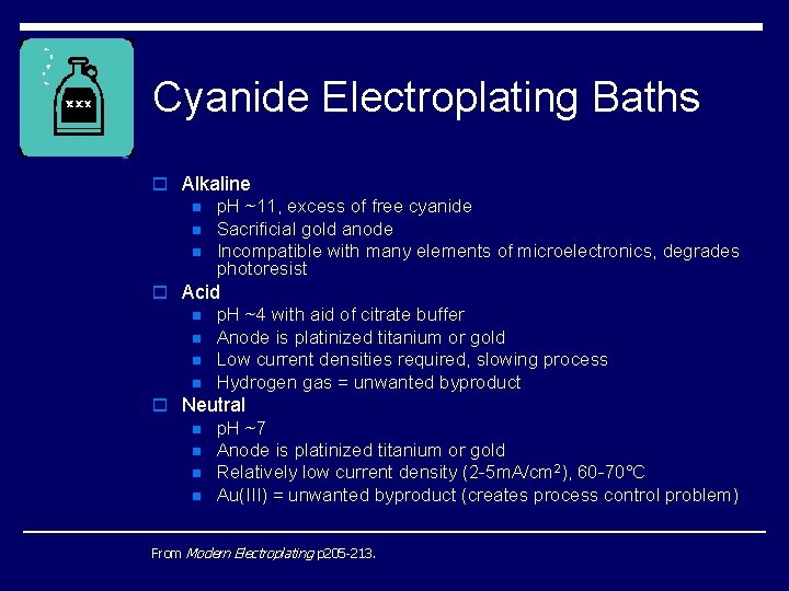 Cyanide Electroplating Baths o Alkaline n n n p. H ~11, excess of free Cyanide Electroplating Baths o Alkaline n n n p. H ~11, excess of free