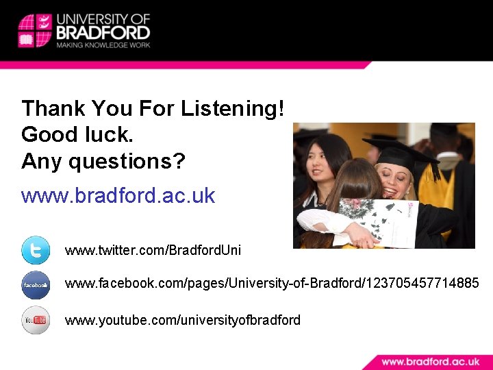 Thank You For Listening! Good luck. Any questions? www. bradford. ac. uk www. twitter.