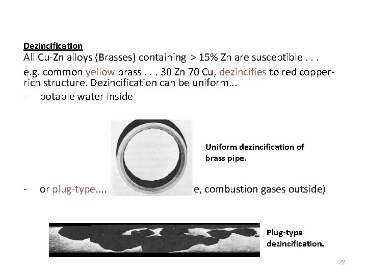 Dezincification All Cu-Zn alloys (Brasses) containing > 15% Zn are susceptible. . . e.