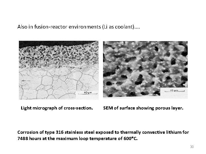 Also in fusion-reactor environments (Li as coolant). . Light micrograph of cross-section. SEM of