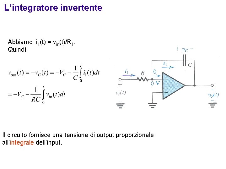 L’integratore invertente Abbiamo i 1(t) = vin(t)/R 1. Quindi Il circuito fornisce una tensione