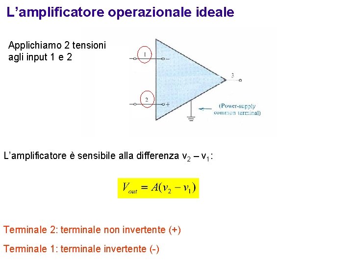 L’amplificatore operazionale ideale Applichiamo 2 tensioni agli input 1 e 2 L’amplificatore è sensibile
