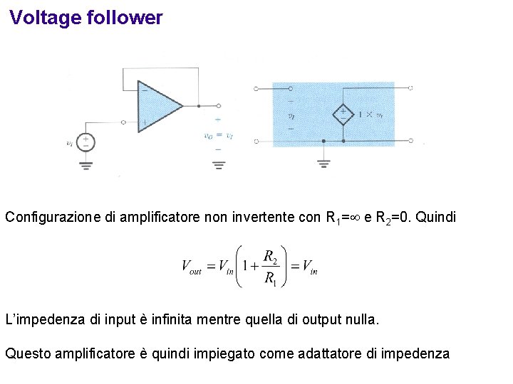 Voltage follower Configurazione di amplificatore non invertente con R 1= e R 2=0. Quindi
