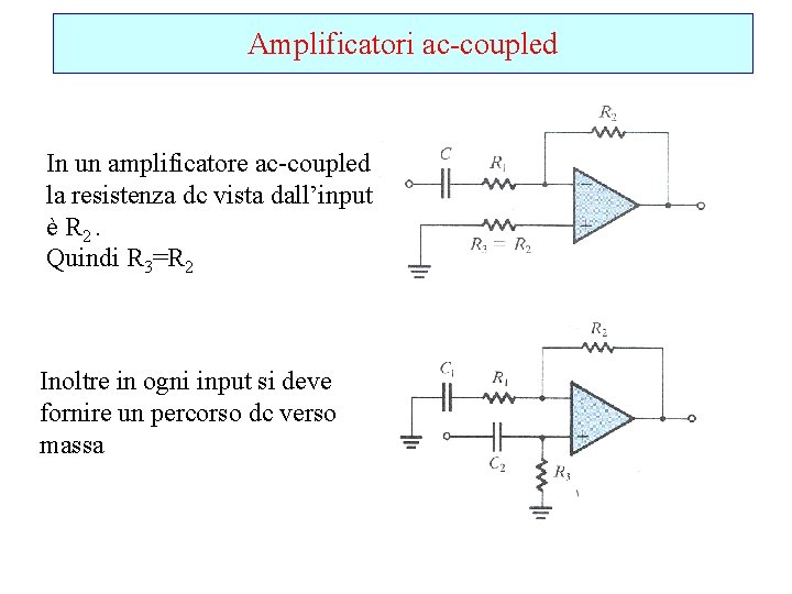 Amplificatori ac-coupled In un amplificatore ac-coupled la resistenza dc vista dall’input è R 2.