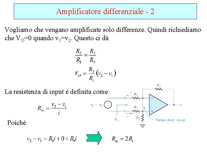 Amplificatore differenziale - 2 Vogliamo che vengano amplificate solo differenze. Quindi richiediamo che VO=0