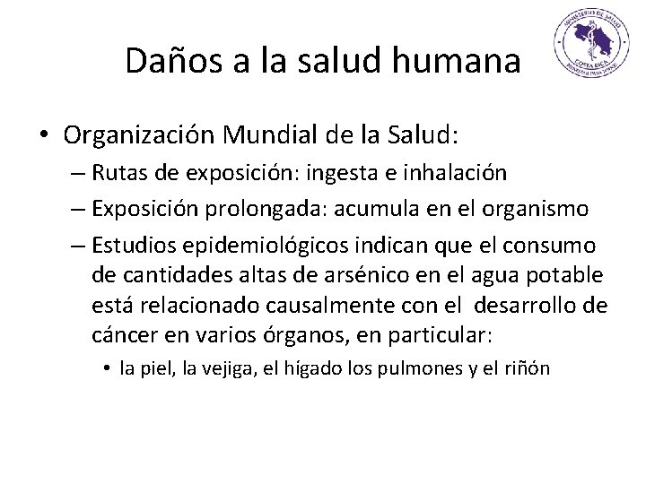 Daños a la salud humana • Organización Mundial de la Salud: – Rutas de