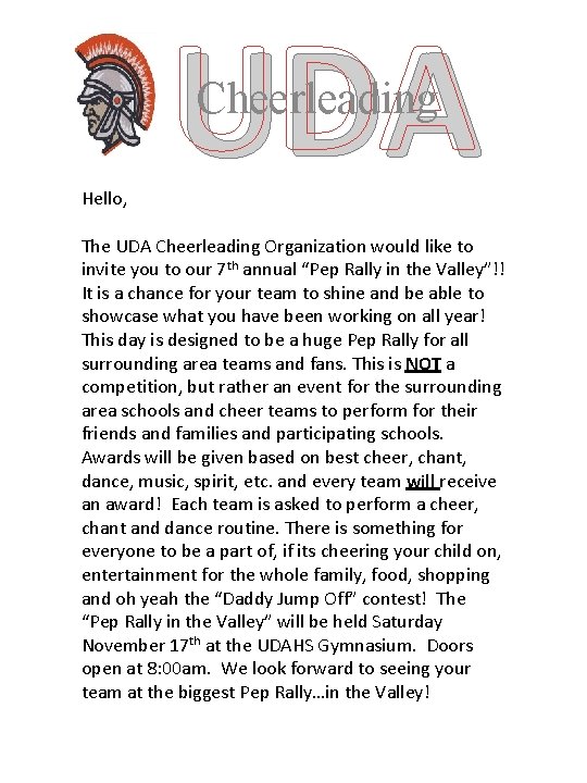 UDA Cheerleading Hello, The UDA Cheerleading Organization would like to invite you to our