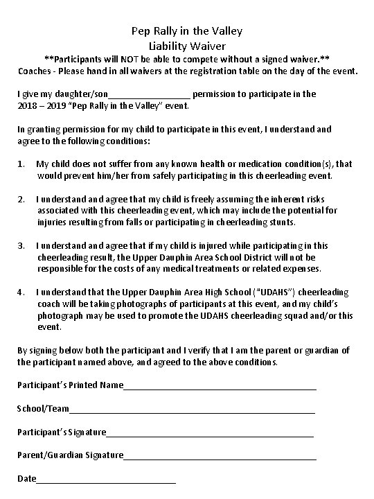 Pep Rally in the Valley Liability Waiver **Participants will NOT be able to compete