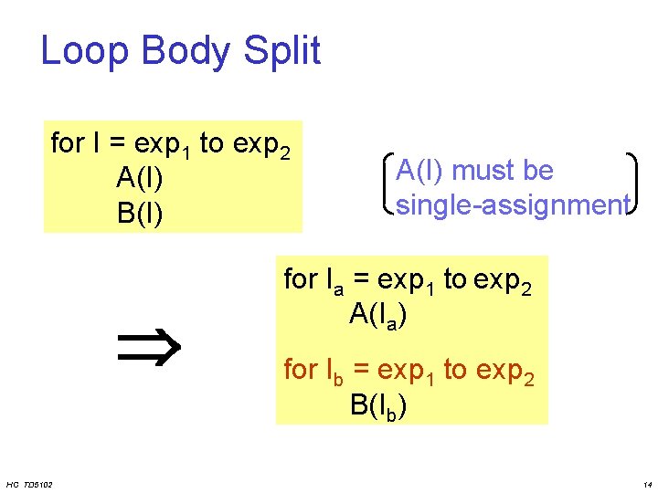 Loop Body Split for I = exp 1 to exp 2 A(I) B(I) HC