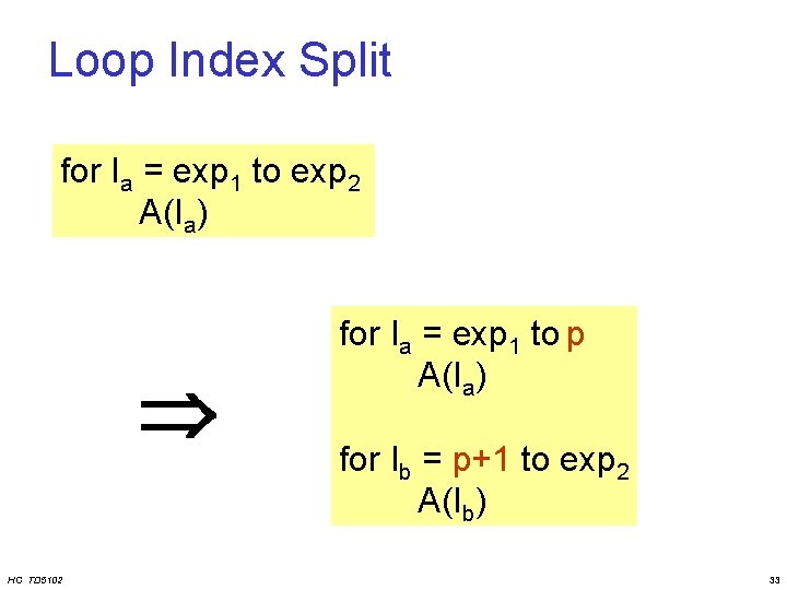 Loop Index Split for Ia = exp 1 to exp 2 A(Ia) HC TD