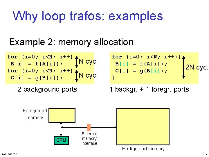 Why loop trafos: examples Example 2: memory allocation for (i=0; i<N; i++) B[i] =