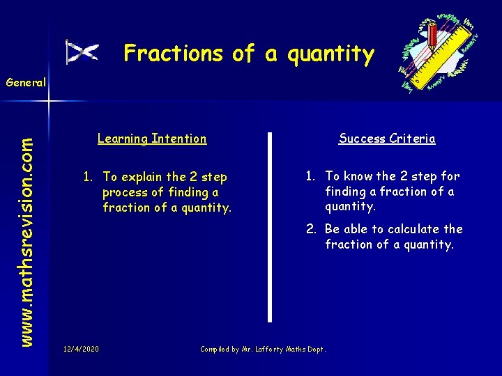 Fractions of a quantity www. mathsrevision. com General Learning Intention 1. To explain the Fractions of a quantity www. mathsrevision. com General Learning Intention 1. To explain the