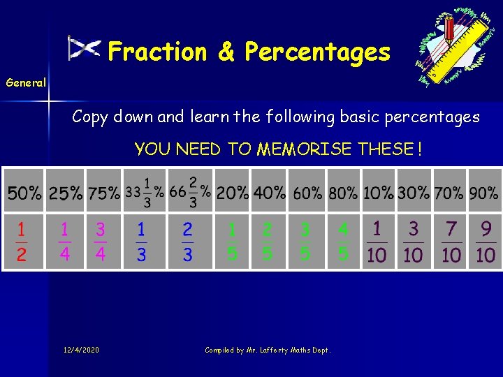 Fraction & Percentages General Copy down and learn the following basic percentages YOU NEED Fraction & Percentages General Copy down and learn the following basic percentages YOU NEED