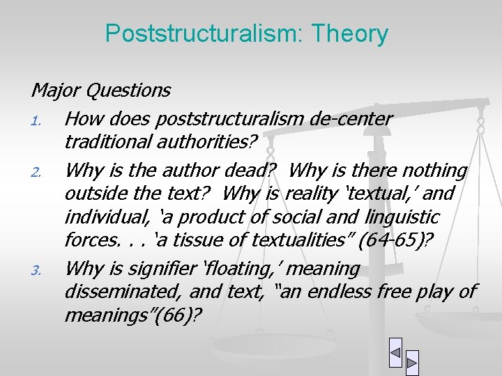 Poststructuralism: Theory Major Questions 1. How does poststructuralism de-center traditional authorities? 2. Why is