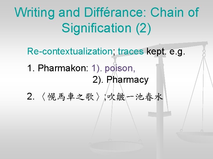 Writing and Différance: Chain of Signification (2) Re-contextualization; traces kept. e. g. 1. Pharmakon: