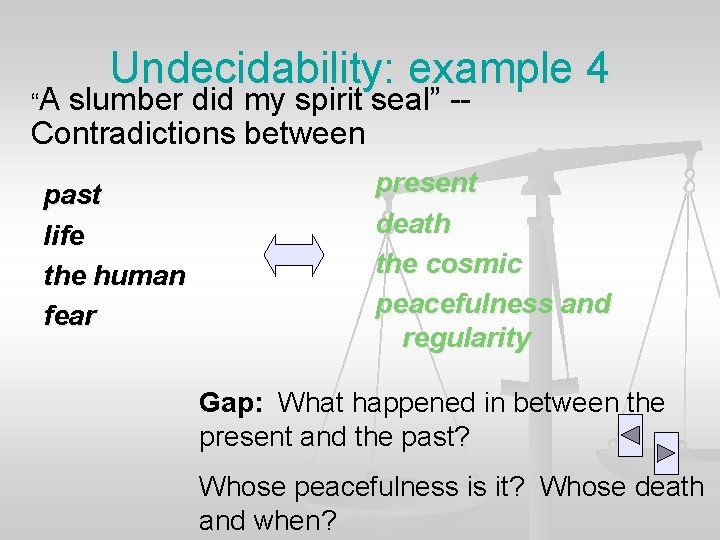 “A Undecidability: example 4 slumber did my spirit seal” -Contradictions between past life the