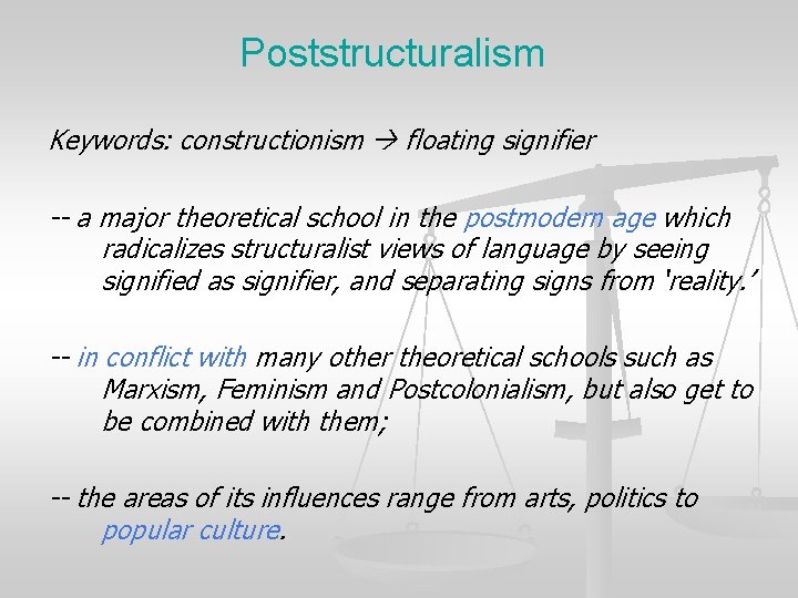 Poststructuralism Keywords: constructionism floating signifier -- a major theoretical school in the postmodern age