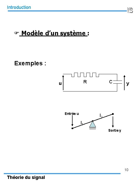 Introduction F Modèle d’un système : Exemples : R u Entrée u C y