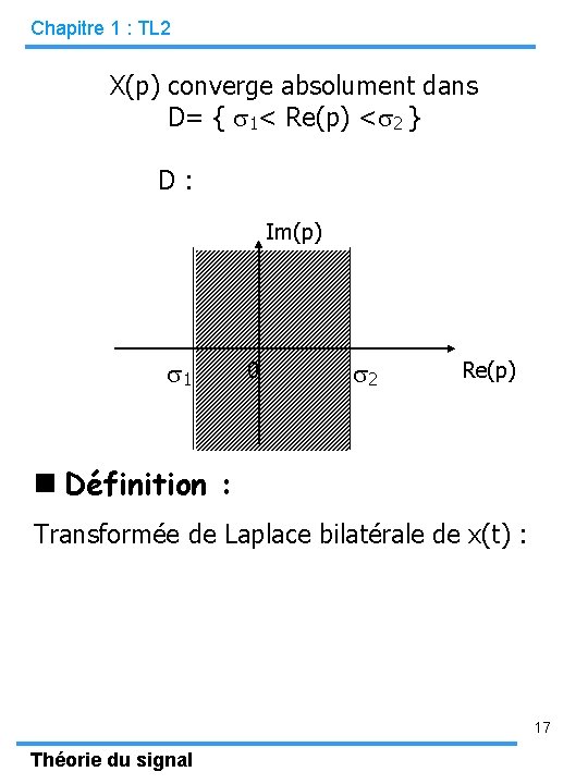 Chapitre 1 : TL 2 X(p) converge absolument dans D= { 1< Re(p) <