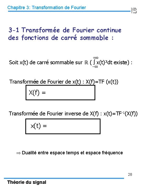 Chapitre 3: Transformation de Fourier 3 -1 Transformée de Fourier continue des fonctions de