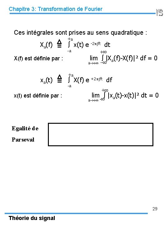Chapitre 3: Transformation de Fourier Ces intégrales sont prises au sens quadratique : +a