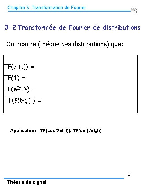 Chapitre 3: Transformation de Fourier 3 -2 Transformée de Fourier de distributions On montre