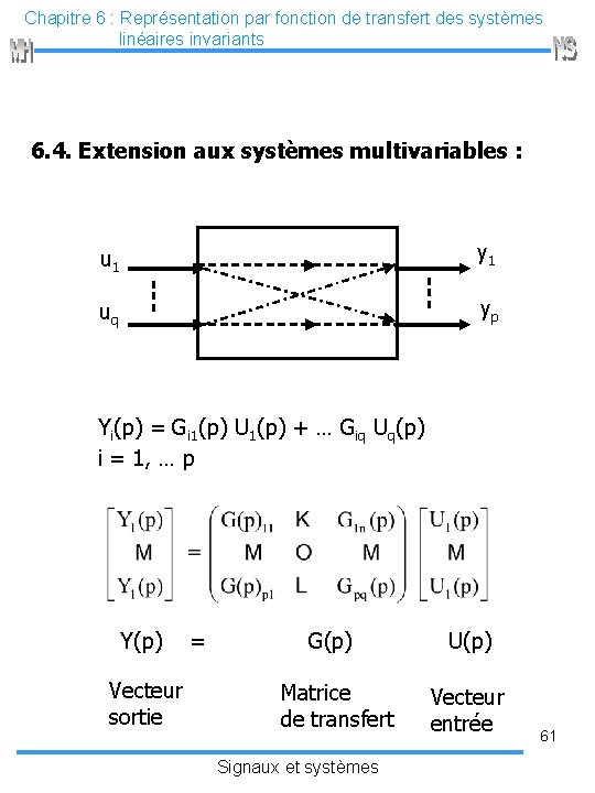 Chapitre 6 : Représentation par fonction de transfert des systèmes linéaires invariants 6. 4.