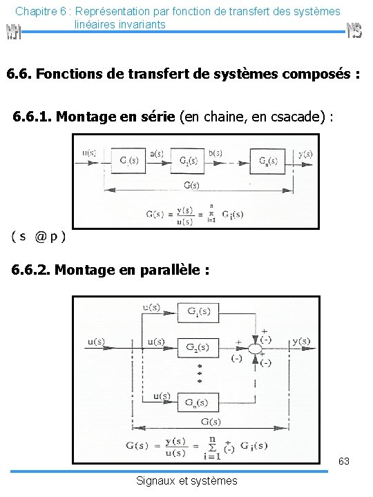 Chapitre 6 : Représentation par fonction de transfert des systèmes linéaires invariants 6. 6.