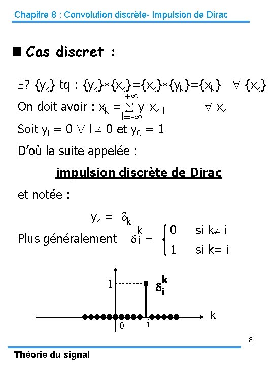 Chapitre 8 : Convolution discrète- Impulsion de Dirac Cas discret : ? {yk} tq
