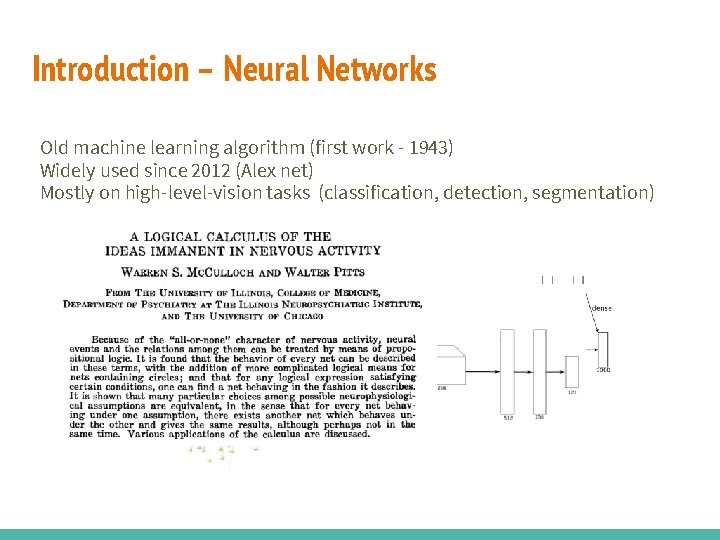 Introduction – Neural Networks Old machine learning algorithm (first work - 1943) Widely used