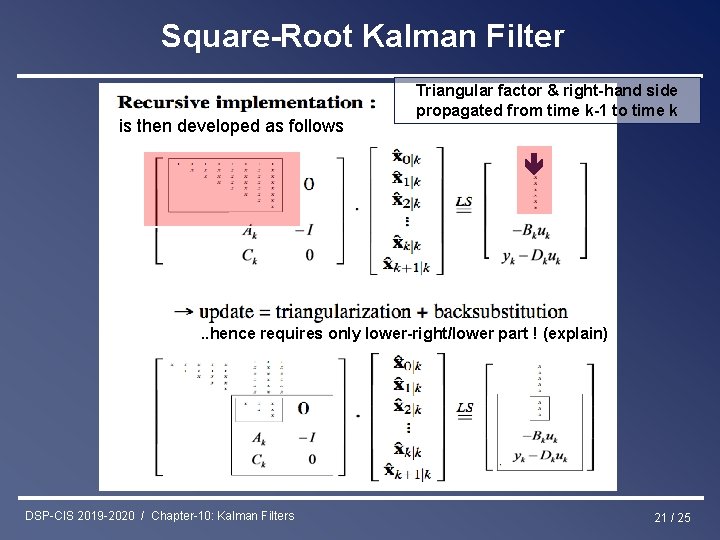Square-Root Kalman Filter is then developed as follows Triangular factor & right-hand side propagated